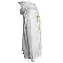White hoodie with a yellow logo on the chest against a white background