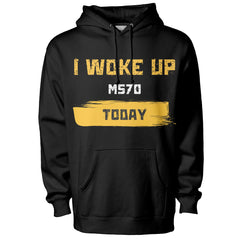 Black hoodie with yellow and white text on a white background