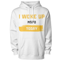 White hoodie with yellow text on a white background