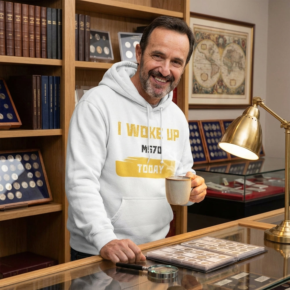 Man wearing a white hoodie with text, holding a mug in a room with bookshelves and a lamp.