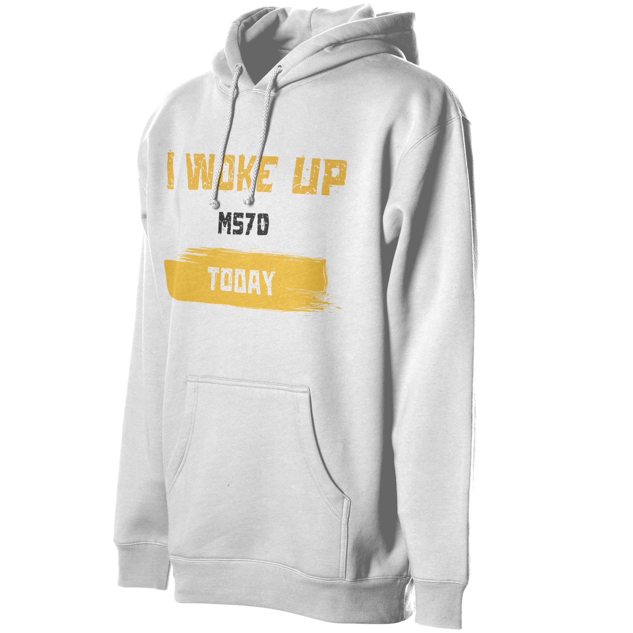 White hoodie with yellow text on a white background