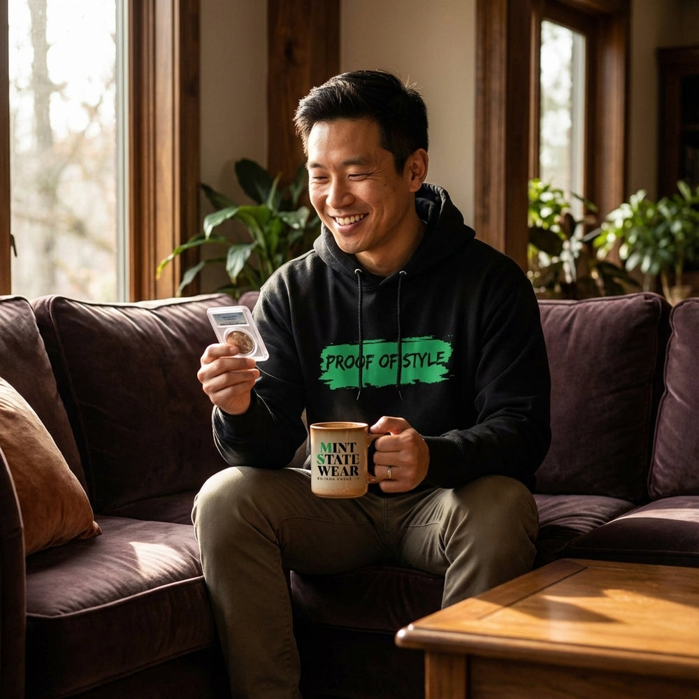 Man sitting on a couch holding a mug and a package, wearing a hoodie with text.