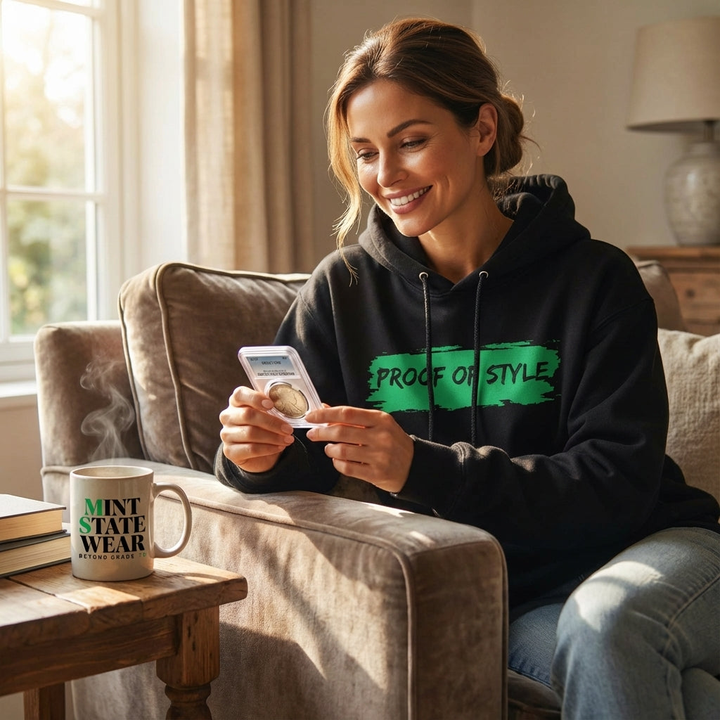 Woman sitting on a couch holding a card, wearing a hoodie with text, in a cozy living room.