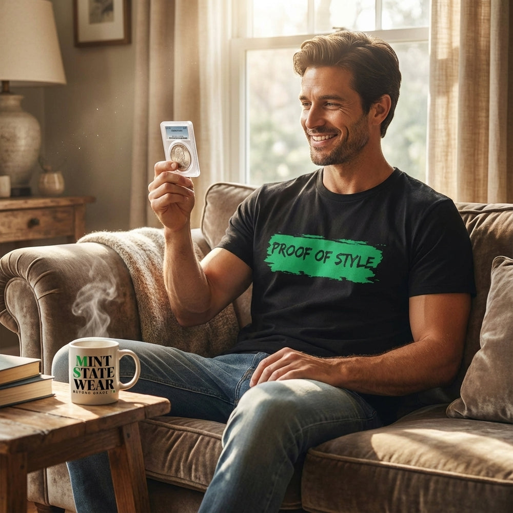 Man sitting on a couch holding a product, wearing a black t-shirt with green text, in a cozy living room.