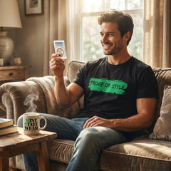 Man sitting on a couch holding a product, wearing a black t-shirt with green text, in a cozy living room.