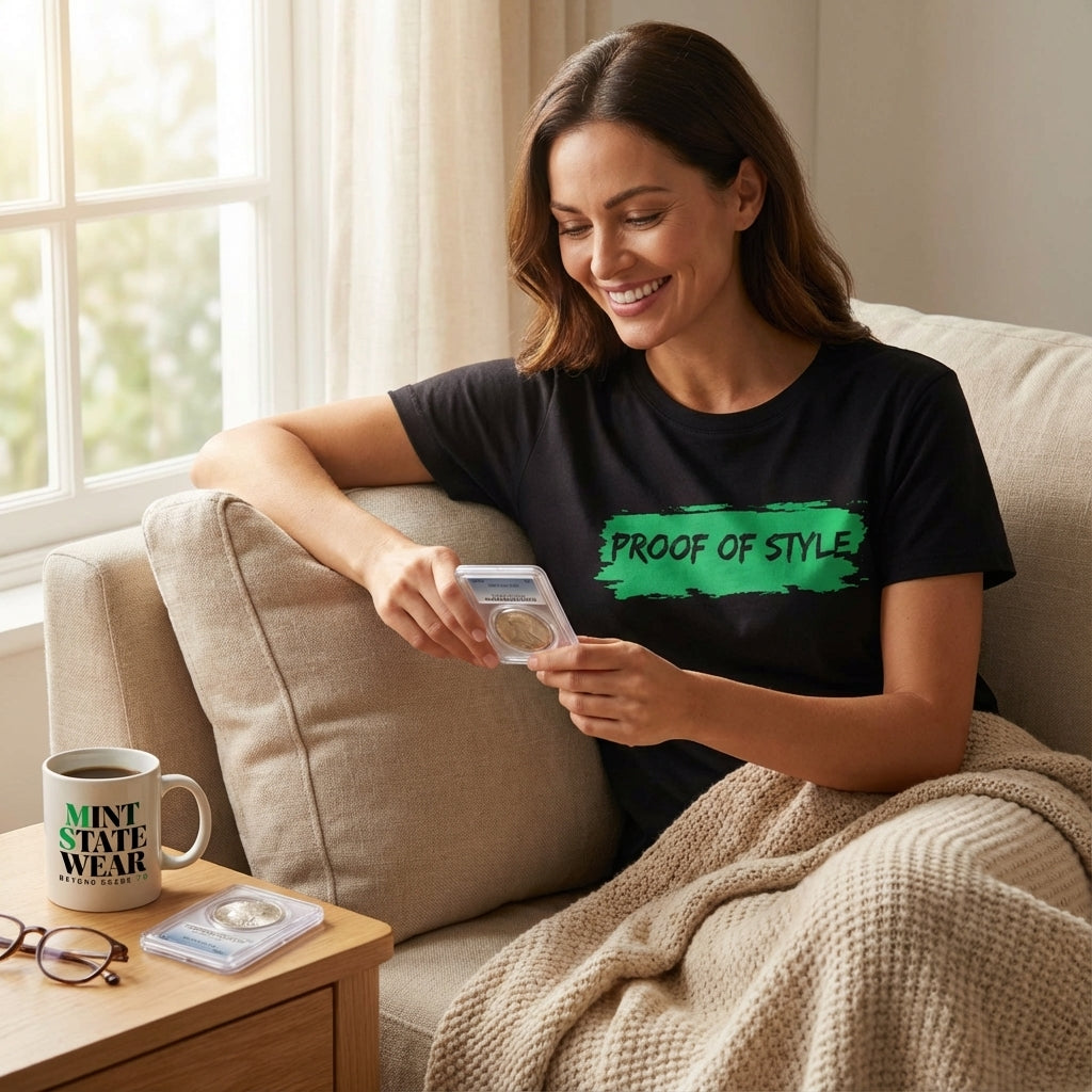 Woman sitting on a couch holding a card, wearing a black t-shirt with green text, in a cozy living room.