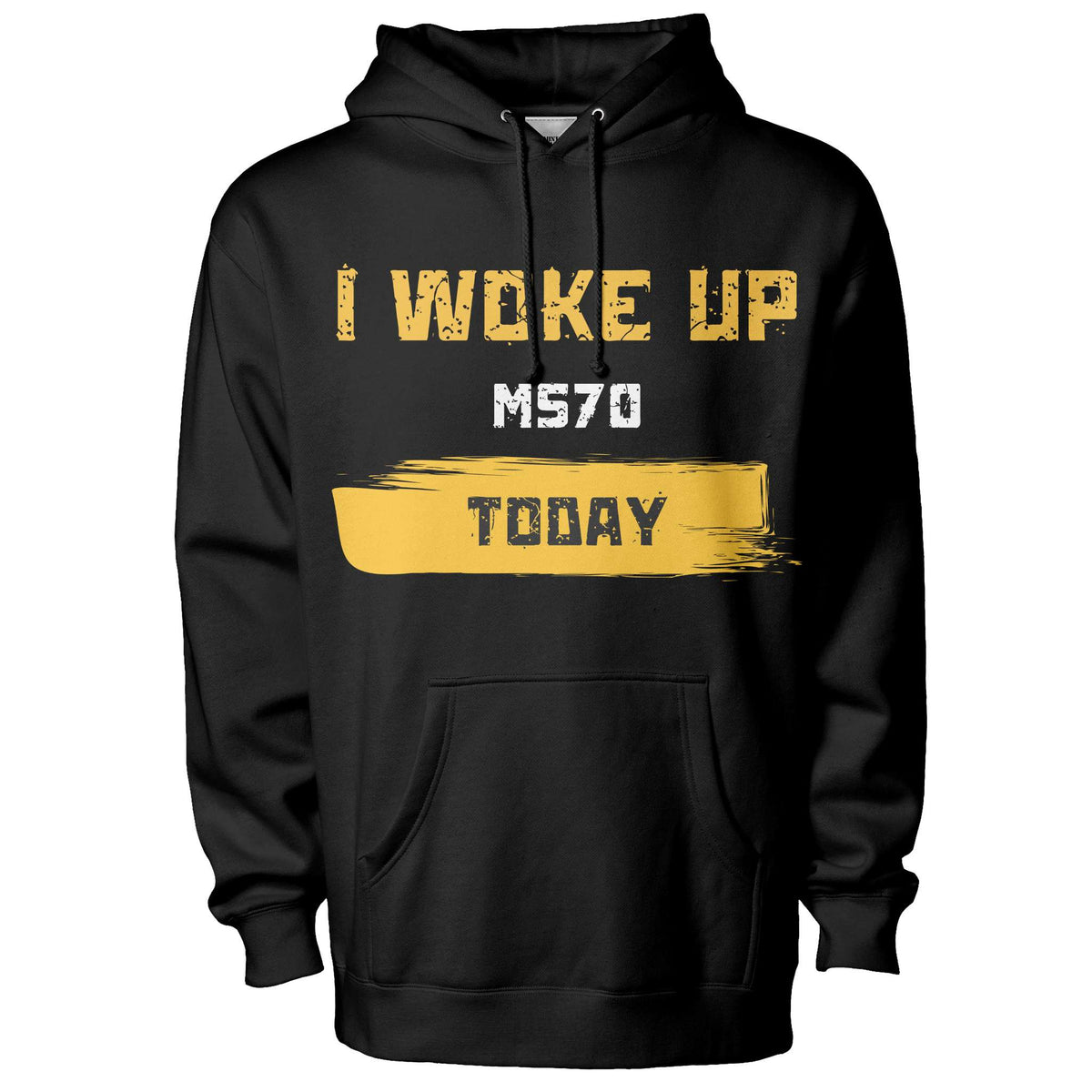 Black hoodie with yellow and white text on a white background