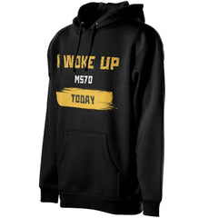 Black hoodie with yellow text on a white background